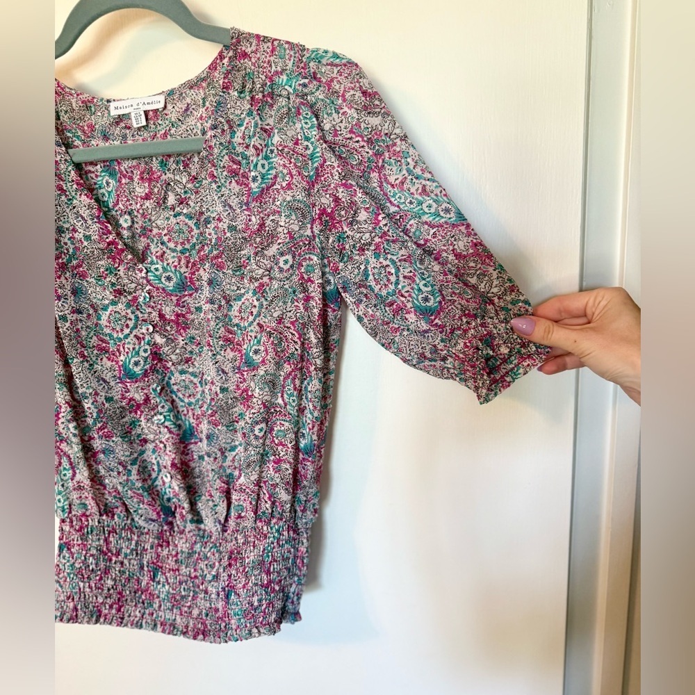 Madison d’ Amelie Anthropologie Floral Paisley Smocked Blouse Top- Size Small - Picture 3 of 7